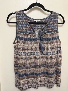 Lucky Brand Blue and Cream Printed Sleeveless Tassel Tank
